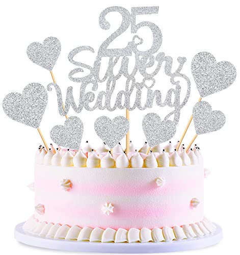 Blumomon 25Pcs 25th Anniversary Cake Toppers Silver 25th Weddding Anniversary Heart Cake Decoration for 25 Silver Wedding Celebration Party Supplies