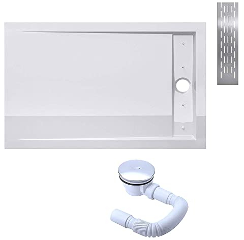 Plato de Ducha Plano Rectangular 100x120x5 cm Acrílico Blanco | Incluye Válvula de Desagüe AL01 | Instalación a Ras de Suelo | Conexiones DIN | Xetro04W