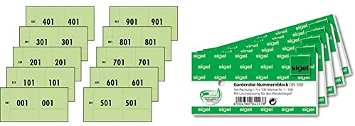 SIGEL 76153 Nummernblock grün, 1000 Bons (Nr. 1-1000, 10,5 x 5,3cm) & GN500 Garderoben-Nummernblöcke mit Lochstanzung, 500 Bons (nummeriert 1-500, 10,5 x 5 cm)
