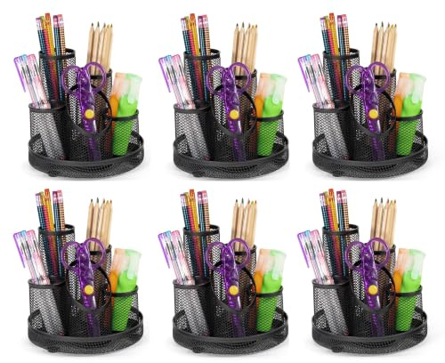 Osco Wire Mesh 5-Tube Pen Pot Desk Tidy, 6 Pack, Stationery Organiser for Pens, Pencils, Scissors, Makeup Brushes & Accessories, Compact Storage for Office & Home Desks, Black, D15.5 × W15.5 × H14 cm