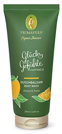 PRIMAVERA Glücksgefühle Duschbalsam 200 ml – Duschgel, Naturkosmetik – Zitrone, Tonka Duft – reinigt sanft, rückfettend – vegan