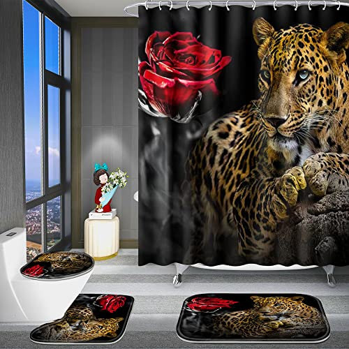 Poedist 4-teiliges Badezimmer-Duschvorhang-Set, Leoparden- und Rosen-Duschvorhang-Set mit Teppichen (Badematte, U-Form und WC-Deckelbezugmatte) und 12 Haken