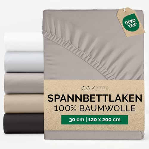 Spannbettlaken 120 x 200 cm Baumwolle - Mako Satin 400 Fadenzahl - Für Matratzen bis 30 cm (12) - Hotelqualität Spannbetttuch - Knitterfrei, Pflegeleicht, Atmungsaktiv & Oeko-TEX - Hellgrau