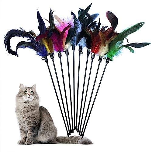YUBONUS Cat Feather Wand Toys 10-Pack with Bell Indoor Kittens