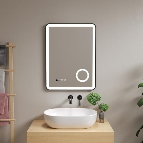 pro.tec LED Badspiegel Pescara Schminkspiegel mit Beleuchtung 3 Lichtfarben vertikal Wandspiegel für Badezimmer rechteckig 50 x 70 cm Schwarz beschlagfrei Lichtspiegel mit Lupe Uhranzeige