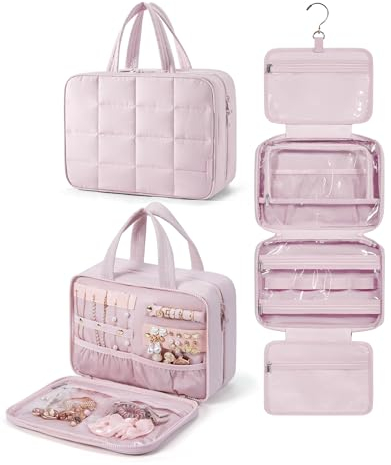 BAGSMART Hanging Toiletry Bag with Jewellery Compartment, Travel Bag for Toiletries, Puffy Makeup Cosmetic Organiser, Carry-on Travel Accessories Essentials, Pink-M