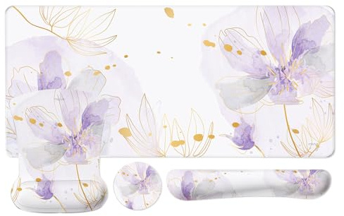 MOSISO Desk Pad Mat Keyboard Mouse Pad Set, Large Gaming Mouse Pad&Keyboard Wrist Rest&Mouse Pad with Wrist Rest&Coaster, Ink Petals Ergonomic Non-Slip Mousepad with Memory Foam for Home Office,Purple