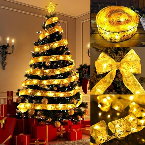 Powice Weihnachtsband Lichter, 5M 50 LED Glänzende Bänder Lichter, Weinachtsdekorationen, Weihnachtsbaum Lichterkette,Lichterkette Batterie für Urlaub,Party,Innen und Außenbereich Weihnachtsdekoration
