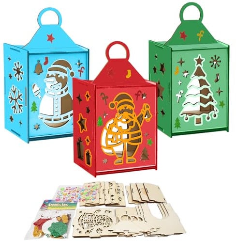 DKINY 3PCS Weihnachten Laternen Bastelset aus Holz DIY Weihnachtsmann Schneemann Weihnachtsbaum Holzbastelset Kinder zum Basteln und Bemalen Weihnachtlich Holzlaterne Kreativset Geschenk Junge Mädchen