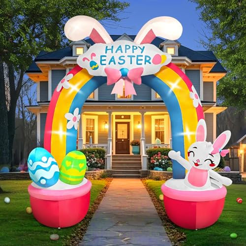 EBANKU 11.3Ft Aufblasbar Oster Dekoration, Aufblasbarer Regenbogen Torbogen mit Hasenohren und Eierhäschen für Lnnen und Außenbereich Osterhase Deko Outdoor Hausgarten Rasen Garten Party