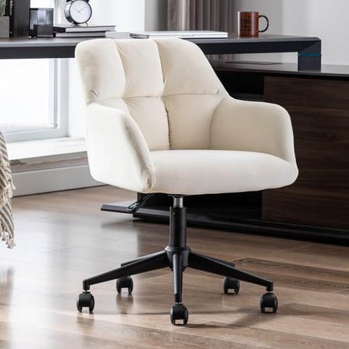 Ya-Home Bürostuhl Samt mit Rollen, Drehstuhl höhenverstellbar Schreibtischstuhl Dicker Rückenlehne Homeoffice Stuhl komfortabler für Arbeitszimmer, Schlafzimmer,Beige