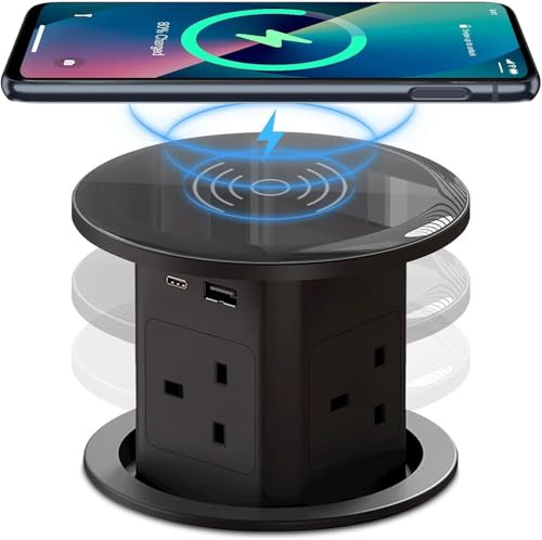 Pop up Socket, Automatic Pop up Extension Socket with 15W Wireless Charging, 4 UK Plugs, USB-A, 20W Type-C Port, Safe Power Solution for Home Office Worktops Desktop(13A/90-260V)