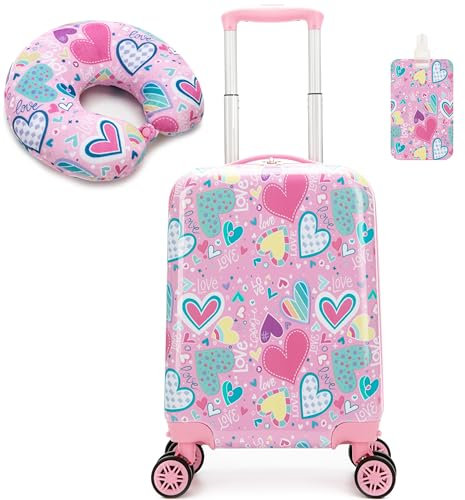 HTgroce 2tlg Kinderkoffer Set Mädchen, Kinder Handgepäckkoffer mit Nackenkissen & Kofferanhänger, Kinder Koffer Trolley Hartschalenkoffer für Mädchen