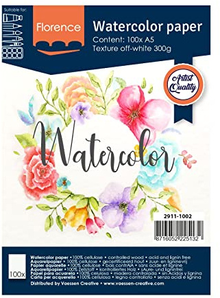 Florence Aquarellpapier Textur - Zeichenblock für Aquarellfarben A5 - Beige - Malblock für Wasserfarben - Künstlerbedarf und Scrabooking - 300 gsm