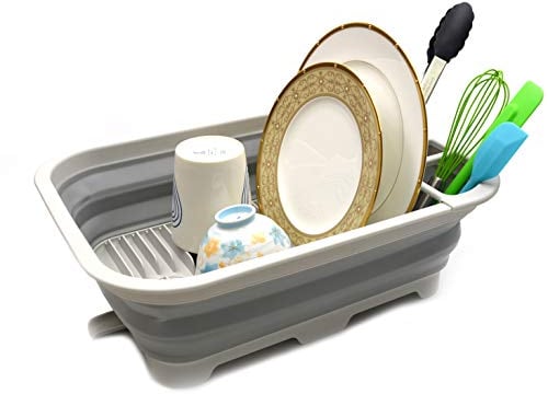 SAMMART Escurridor de Platos Plegable de 12 L (3,17 galones) con Boquilla giratoria, Rejilla de Secado portátil/Organizador de Platos, Bandeja de Almacenamiento de Cocina Que Ahorra Espacio (Gris)