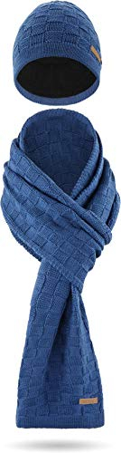 normani Wintermütze und Schal aus Merinowolle für Damen und Herren perfektes Set für die kalte Jahreszeit Farbe Marine