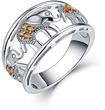 JO WISDOM Damen Ring Breit Silber 925,Ringe Elefanten Lucky Amulett Tierring mit 3A Zirkonia November Geburtsstein Citrin Farbe Verlobungsring,Schmuck für Frauen