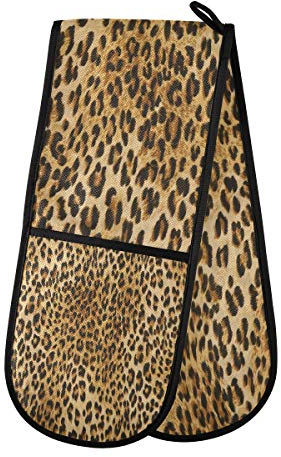 BIGJOKE - Guanto da forno doppio trapuntato in cotone con stampa leopardata animale, resistente al calore, per grigliare barbecue e padelle