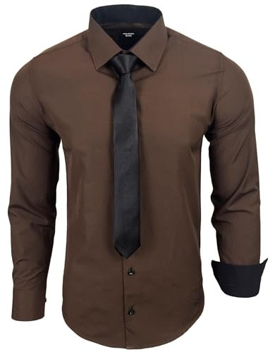 Subliminal Mode - Chemise Homme Manches Longues Col Bicolore Uni + Cravate Noir Chemise Coupe Ajusté Business Repassage Facile RN77 Marron L
