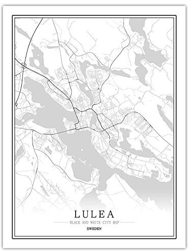 SONG Leinwand Bild, Schweden Lulea Stadtplan Schwarz Weiß Einfach Minimalist Art Wandbild Poster Rahmen Weniger Bild, Moderne Vertikale Malerei Cafe Office Home Decor,40 * 50cm