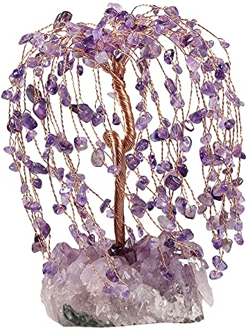 KYEYGWO Amethyst Heilung Kristall Geldbaum auf Natürlichen Amethyst Drusensegment Rohstück Base, Stein Kristallbaum Feng Shui Bonsai Baum Figuren Edelstein Ornament für Haus Deko, Glück, Reichtum