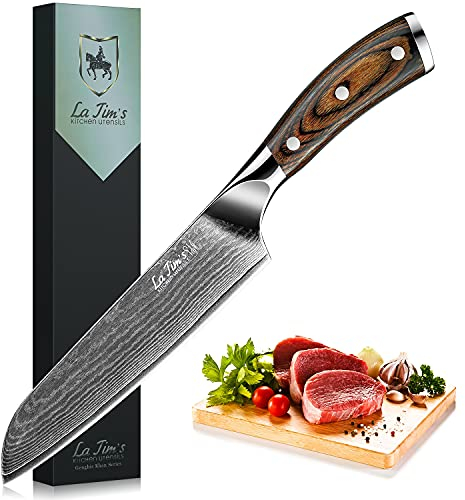 LA TIM'S Damaskus Santokumesser 17.8 cm, professionelle Küchenmesser aus japanischem VG-10 Edelstahl, ultrascharfer Klinge und ergonomischem Griff, mit einzigartigem Muster
