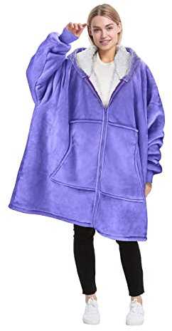 Catalonia Classy Full Zipper Oversized Hoodie Blanket, Cozy Gifts, Wearable Sherpa Blanket, Soft Warm Jumpers, Comfortable Giant Hoody Sweater Adults Men Women, Purple