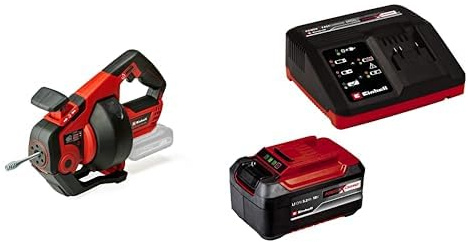 Einhell Limpiador de tubos con batería TE-DA 18/760 Li-Solo PXC (18 V, iones de Li, espiral de limpieza de 7,6 m, adecuado para diámetro de tubo de 16-55 mm)+ Starter Kit 5,2Ah