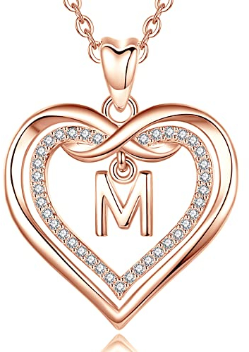 AEONSLOVE Buchstaben Kette Kupfer Rosegold Herz M Buchstaben Anhänger Halskette mit Namen Namenskette Damen Frauen Mädchen Initialen Alphabet Schmuck Geschenk