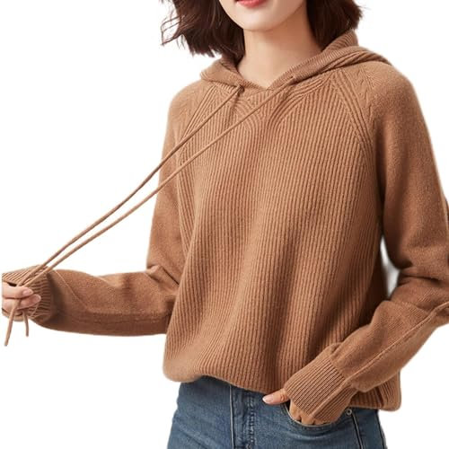 Women Knit Sweater, 100% Wool Cashmere Jumpers, Hooded Cable Knit Casual Pullover, Thick Loose Sweatshirt for Fall Winter, Solid Color Soft Base Top, for Daily Leisure Shopping,Gray,XL (Brown S)