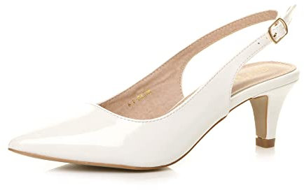 AJVANI Womens Ladies Low Heel 50s Slingback Buckle Pointed Open Back Shoes Size 7 40 White Patent