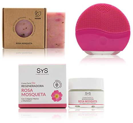 Pack Rutina Regeneradora Rosa Mosqueta Labnatur. Jabón, Limpiador Masajeador Facial Eléctrico, Limpieza, Exfoliación, Hidratación, Reduce Manchas, Cicatrices y Arrugas.