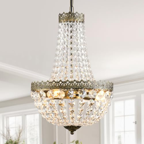 KAIQI French Empire Mini Crystal Chandelier Vintage Small Pendant Light D12.6 Farmhouse Ceiling Light Fixture for Bathroom Living Dining Room Bedroom Foyer, 4 Lights Antique Brass Finish,E12