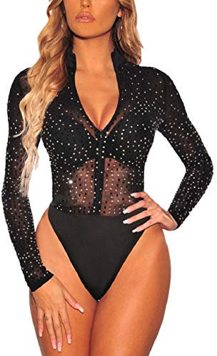 SEBOWEL Damen Sexy Sheer Mesh Bodysuit Strass Durchsichtige Langarm Trikot Jumpsuit Tops Bodycon Bluse T-Shirt Schwarz XXL
