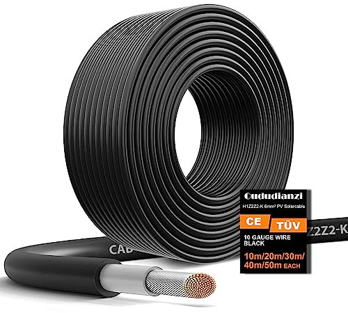 Oududianzi Cavo Solare 6mm2 20m, Cavo Fotovoltaico 6mm2, Cavo Solare 6mmq, Solare Pannello Cavo, Cavo di Prolunga Solare per Pannello Solare, Inverter e Regolatore di Carica - Nero 20m