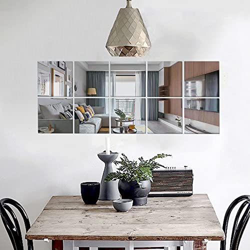 Miroir Mural Autocollant, 10 Pièces Miroir Autocollant Salle de Bain, 15*15cm Miroir Autocollant Miroir Adhésif Salle de Bain, Miroir a Coller, pour Salle Bain Salon Porte D'armoire Décoration(Argent)