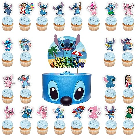 25pcs Stitch Cake Toppers XINBOHUI-Stitch Geburtstag Dekorationen Cartoon Kuchen Dekoration Happy Birthday Kuchen Topper für Stitch Thema Geburtstag Party für Kinder Geburtstag Babyparty Party