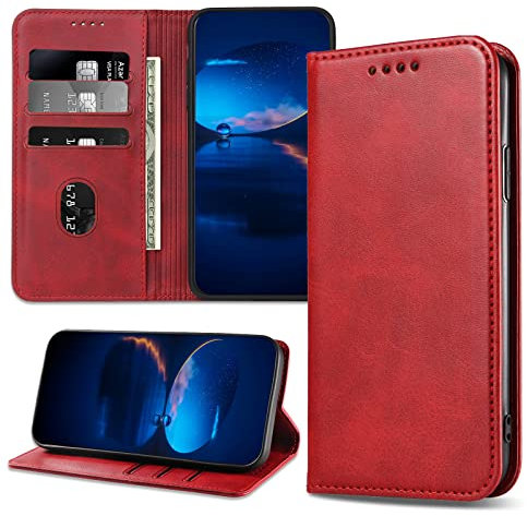DENDICO Case for OnePlus 9 Pro, Classic PU Leather Magnetic Wallet Case, Flip Folio Protective Phone Cover Compatible with OnePlus 9 Pro, Red