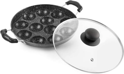 Tanish Trading Non Stick Cookware Appam Maker 12 Pits With Glass Lid,Paniyaram Pan Patra with Glass Lid,Appe Maker,Appam Patra, Black