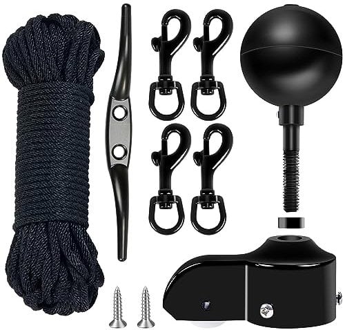 NQ Flag Pole Repair Parts Kit with 50 Feet Nylon Flag Pole Rope, 4 Pcs Flag Pole Swivel Snap Clips, Flag Pole Truck with Pulley, Flag Pole Top Black Ball, Cleat, Flagpole Accessories Tool Kits