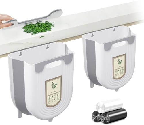 2PCS Mülleimer Küche Hängende-10L+6L, SHAIDOJIO Faltbarer Mülleimer mit 90PCS Mülltüten, Küchenmülleimer Wandmontage, Kunststoff Camping Mülleimer für Küche Wohnwagen Badezimmer Schlafzimmer Büro-Grau