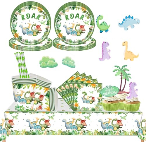105 Pcs Vajilla de Cumpleaños Infantil de Dinosaurio,Platos y Vasos para Cumpleaños,Vajilla De Fiesta Dinosaurio Party Juego Decoración Adecuado para 20 Guests