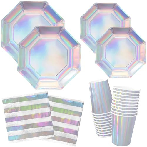 Gatherfun Iridescent Party Supplies - Disposable Paper Plates, Cups and Napkins, Ideal for Unicorn, Mermaid Themed Events & Birthday or Wedding Party Decoration - Serves 16