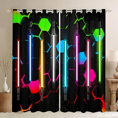 Manfei Neon Bunte Lichtschwert Fenster Vorhang,Kinder 3D Geometrische Waben Hexagon Fenster Vorhang,Jungen Mädchen Mode Spiele Vorhänge Schwarz Cool Room Decor Fenster Vorhänge,2 Panels,S Größe