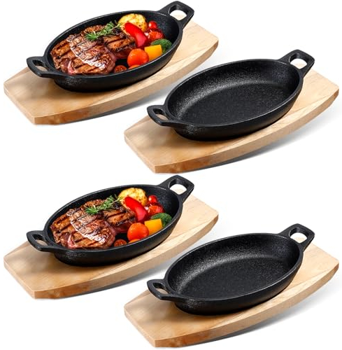 Juego de 4 mini sartenes ovaladas de hierro fundido con base de madera de 8 onzas, mini fajitas fundidas de hierro fundido, sartenes pequeñas negras para hornear asar (8.5 x 6.1 x 1.7 pulgadas)