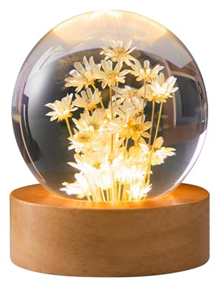 QENETY Luz nocturna, bola de cristal de resina epoxi de 2.4 pulgadas con base de madera, margarita amarilla, rústica, sin acabar, transparente, LED, interior, 1 paquete