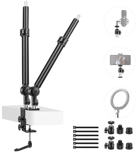 NEEWER Upgraded C Clamp Desk Mount for Dual Mount Stand, 225° Tilt & 360° Swivel Telescopic 17.7-24.8 Desktop Webcam Stand for DSLRs Overhead Photography Ring Light
