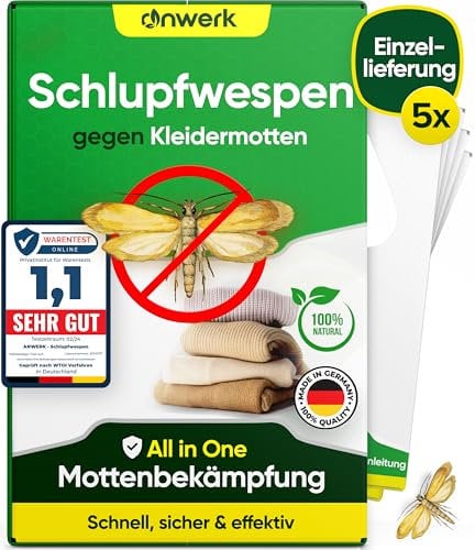 anwerk® Schlupfwespen gegen Kleidermotten - 5 Karten à 1 Lieferungen - Effektiv Kleider Motten bekämpfen - Alternative zur Mottenfalle, Mottenspray, Pheromonfalle