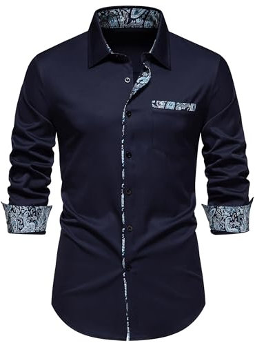 MakingDa Men's Inner Contrast Dress Shirt Paisley Business Casual Smart Formal Classic Long Sleeve Regular Fit Button Down Wedding Party Work Shirts with Pockets-A355-Dark Blue-L