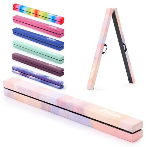 ZELUS Trave Ginnastica Artistica 244cm Pieghevole Trave da Equilibrio Trave da Pavimento Base Solida di Legno e Antiscivolo con Maniglie per Bambini, Principianti e Ginnaste per Casa, Rosa Viola